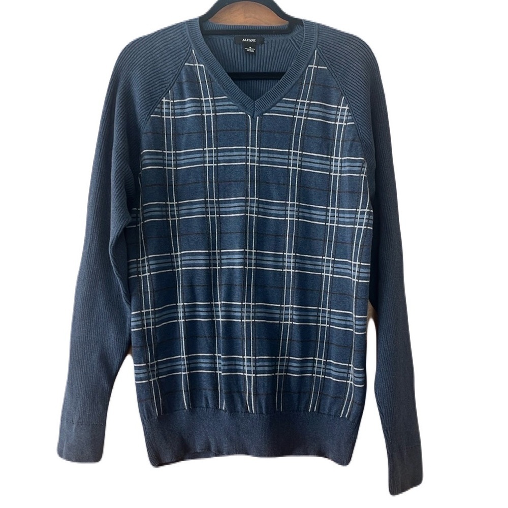 Alfani V Neck Plaid Front Men Cotton Sweater  Size M